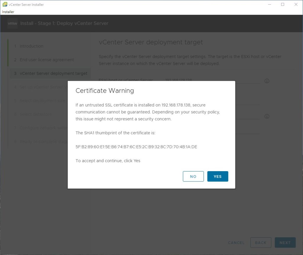 VMware vCenter Server Installation Teil 1 - CA Meldung